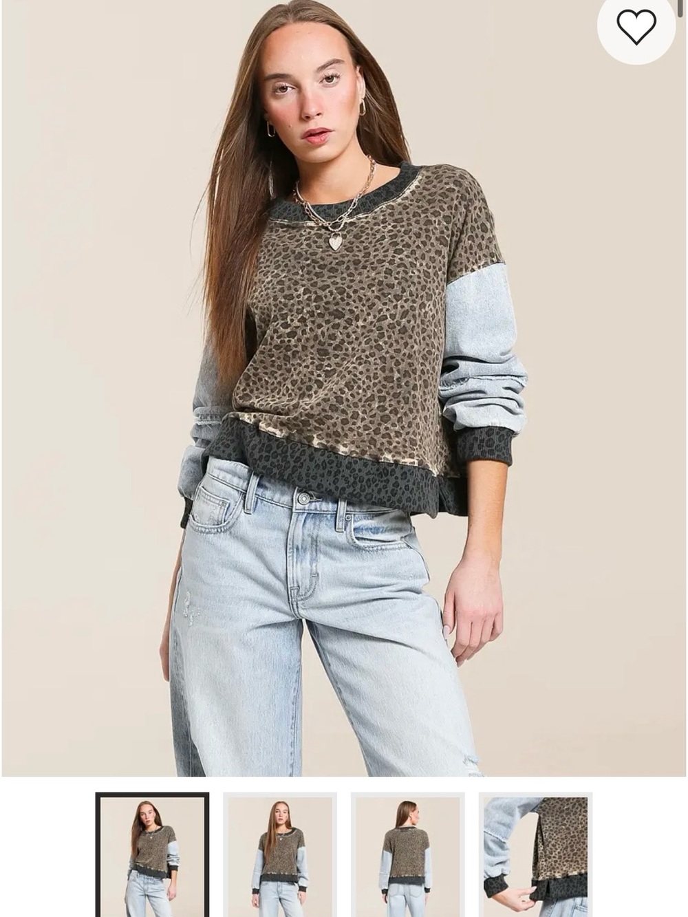 Gilded Intent Olive Leopard Print Pullover with Light Denim Contrast Sleeves